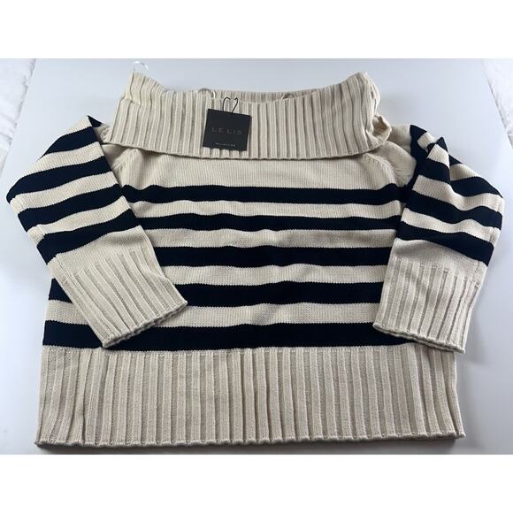 Le Lis Off The Shoulder Sweater Black Striped Womens Small Knit NWT Neutral Cozy - Picture 2 of 9